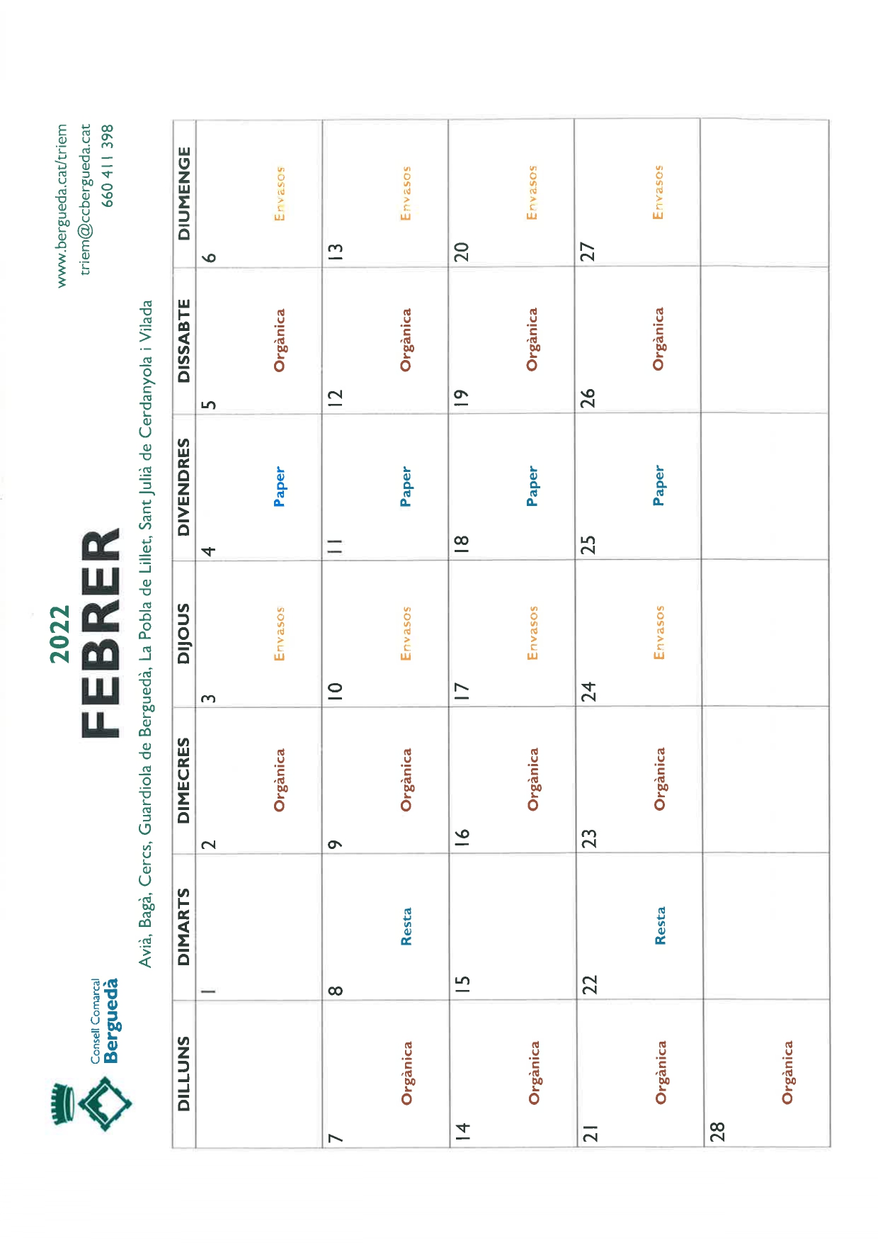 Calendari recollida Febrer 2022