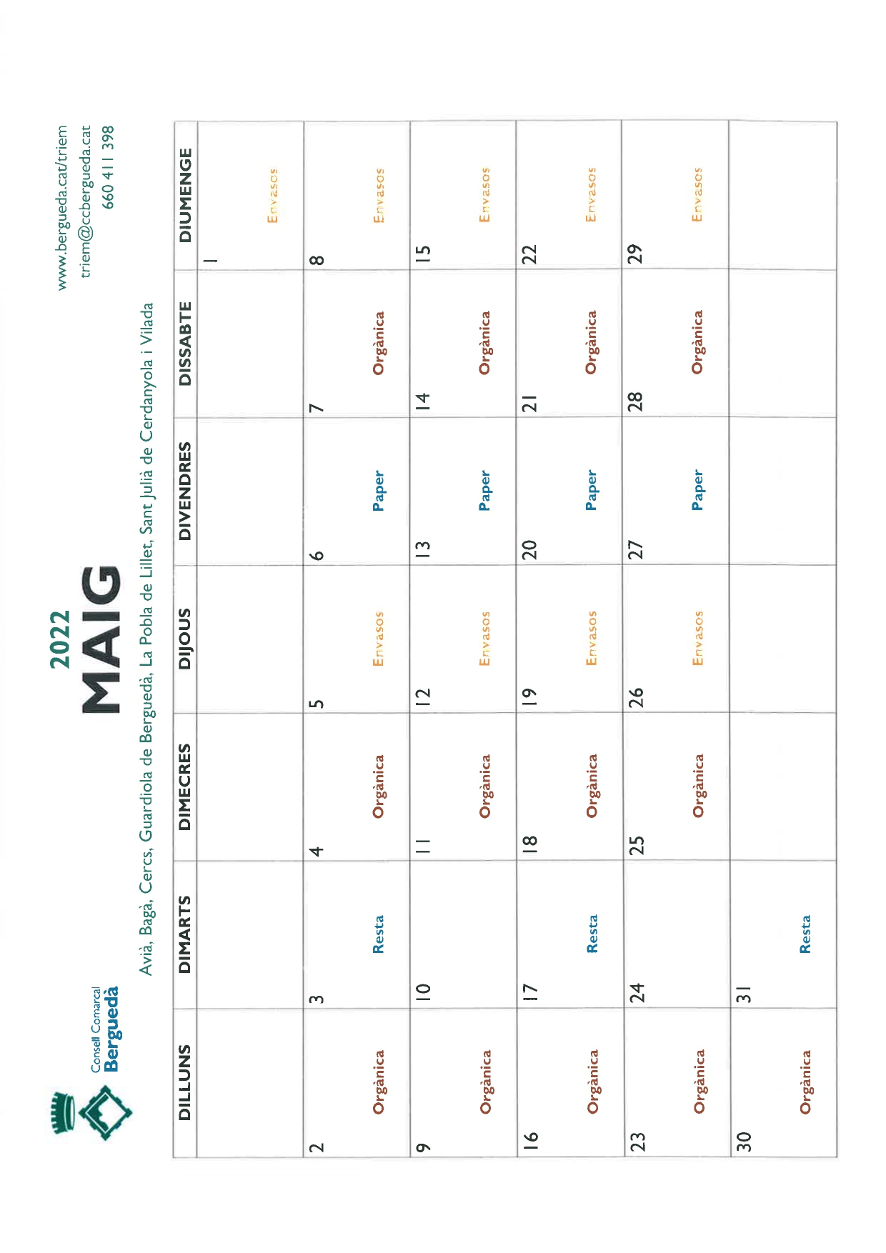 Calendari mes de Maig 2022