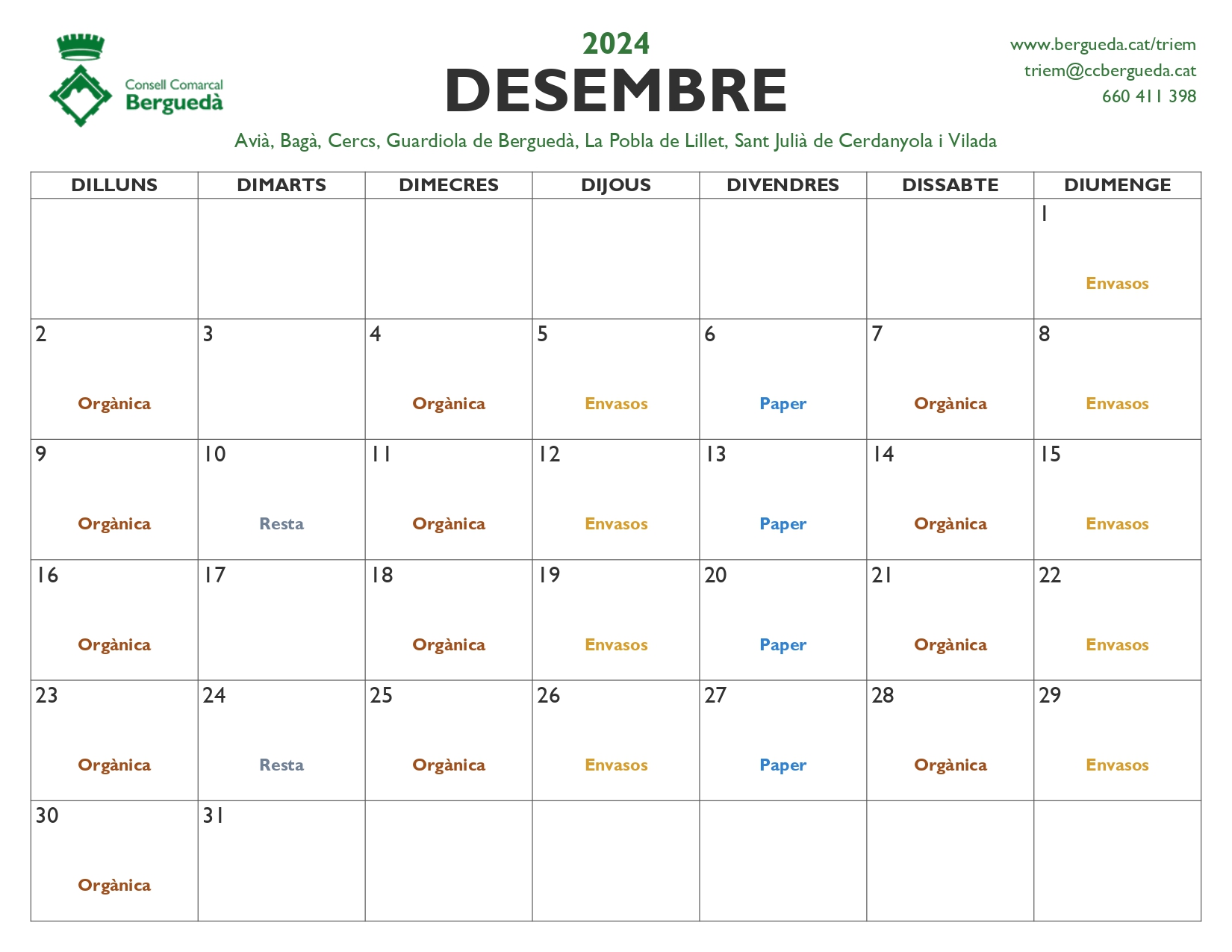 Calendari recollida desembre 