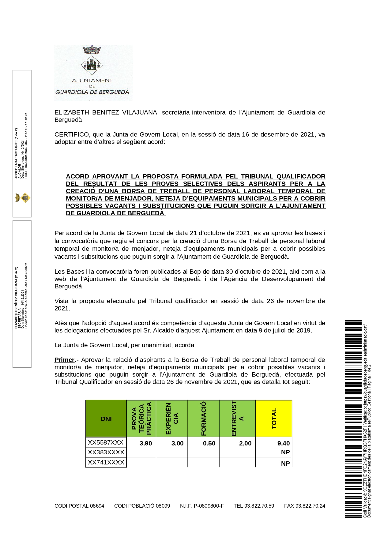 Certificat de l'Acord de la Junta de Govern del 16/12/2021